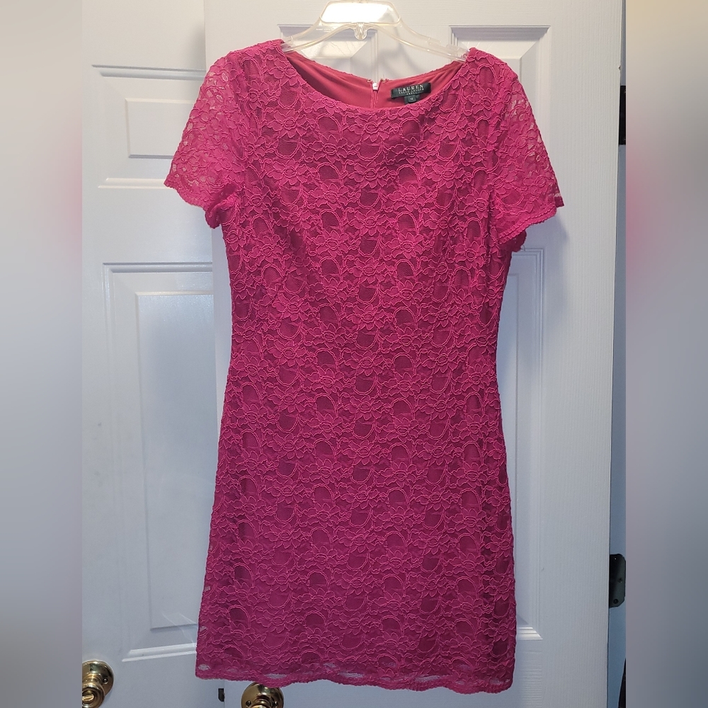 🔥 EUC Ralph Lauren Lace Dress Size 12 Barbie Pink Fushia 🔥
